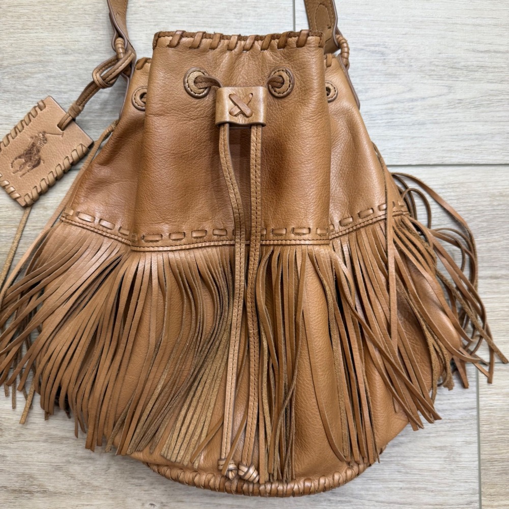 Vintage Rare Polo Ralph Lauren Leather Fringe Bucket Bag Purse Western Boho - Picture 10 of 12